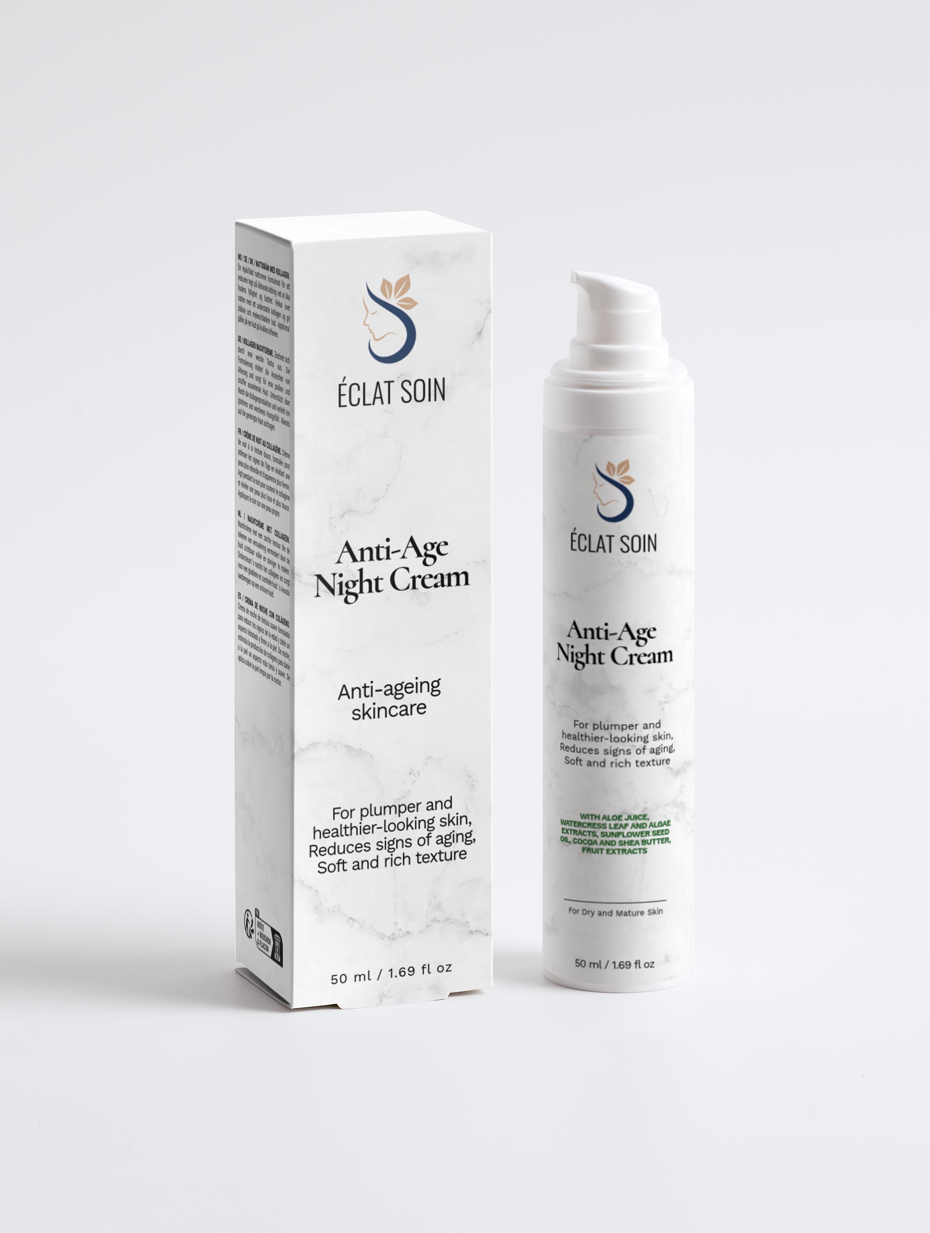 Eclat Soin Collagen Night Routine Skincare Collection Box featuring an anti-age night cream for youthful skin